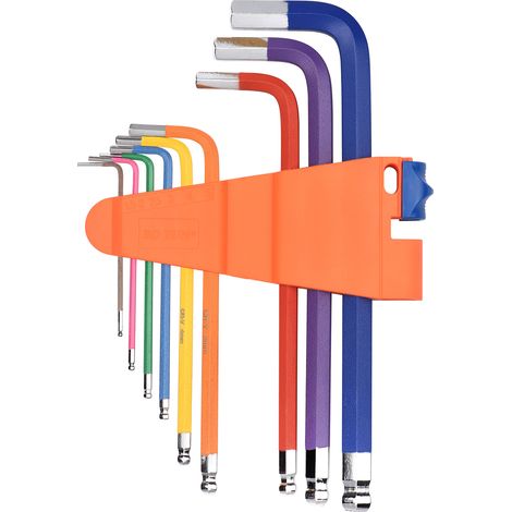 Juego de 9 llaves Allen multicolores en forma de L, métricas, de brazo largo y con extremo esférico, fabricadas en acero cromo-vanadio de grado industrial.