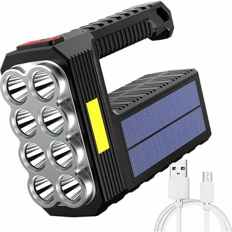 LED Torch, Super Bright Handheld Torch USB Rechargeable/Solar Handheld Searchlight IPX5 Waterproof Outdoor Camping Tactical Spotlight with 4 Lighting Modes (1/5)
