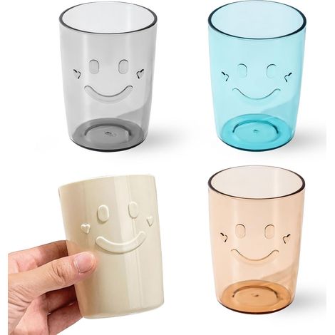 Lot de 4 gobelets de salle de bain décoratifs - Porte-brosse à dents incassable Smiley, gobelets réutilisables en plastique de 300 ml pour bain de bouche, 4 couleurs (beige, bleu, gris, marron)