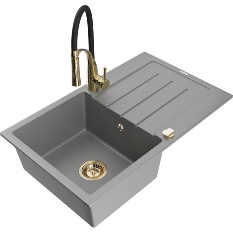 Mexen Bruno évier 1 bac granit avec égouttoir et robinet Aster, gris - 6513-71-73450-57-G (1/5)