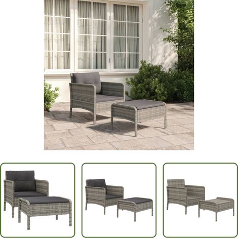 Terrassenstuhl -  2-tlg. Garten-Lounge-Set mit Kissen Grau Poly Rattan (1/5)