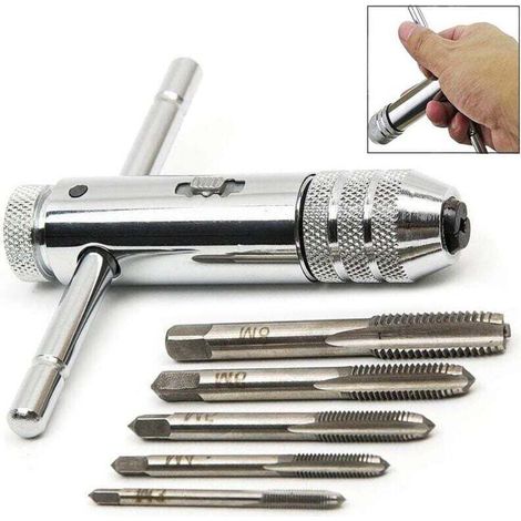 Clé de support de robinet à cliquet à poignée en T réglable en argent, avec 5 pièces M3-M8 3mm-8mm, filetage de vis de Machine, bouchon métrique, robinet en forme de T