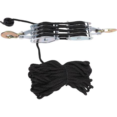 Palan Poulie Bloc et Moufle Renfort Crochet Alliage de Zinc Rotatif 270° Corde Haute Résistance Roulement Anti-Rouille Forte Charge pour Levage Chasse Bricolage 4 Roues 20 Mètres Roue Nylon Noir Capac (1/4)