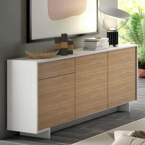 Dmora - Credenza Agrifoglio, Madia da salotto, Buffet da soggiorno a 3 ante e 1 cassetto, 100% Made in Italy, 170x42h78 cm, Bianco e Rovere, con imballo rinforzato (1/5)