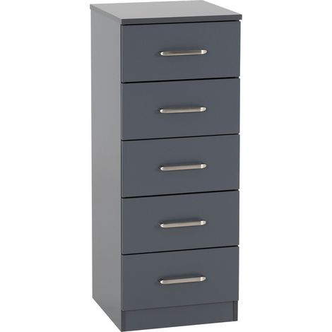 Dakota 5 Drawer Narrow Chest of Drawers - L36 x W90.5 x H35 cm - Dark Grey