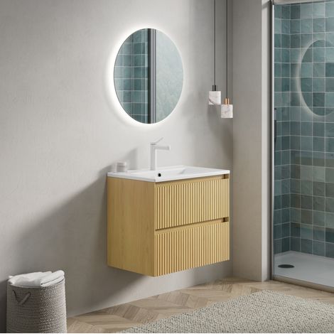 Meuble sous vasque suspendu 61 cm en bois clair avec vasque intégrée en céramique blanche, 2 tiroirs à fermeture douce, prémonté – de FLORAGRACE pour salle de bains (1/5)