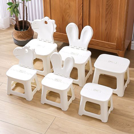 Tabouret pliant léger et portable, blanc, avec poignée de transport, motif dinosaure pour enfants. (1/5)