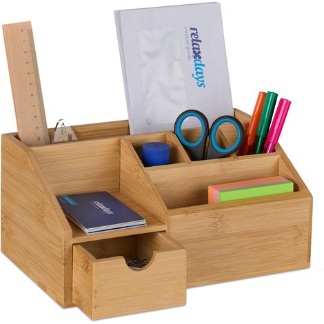 Relaxdays Organizer da Scrivania, Cassetto e 6 Scomparti in Bambù, HLP: 11x24,5x15 cm, Organizzatore Ufficio, Naturale