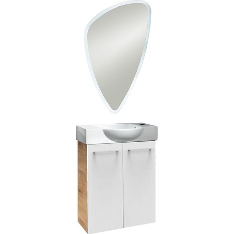 Fackelmann SBC MILANO Gäste WC Set 3-teilig 55 cm, Braun hell/Weiß, 2 Türen, Keramik Hahnloch rechts, LED-Spiegel"-"90061145 (1/4)