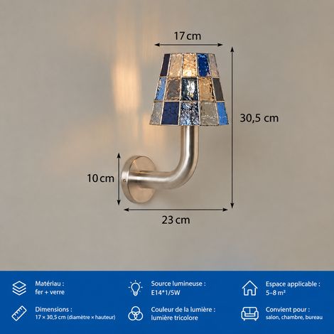 Applique Murale Rétro Cube Verre Bleu Lumière Chaude Lampe Chevet Salon 36 × 31 × 21 cm 3 kg – Livraison gratuite