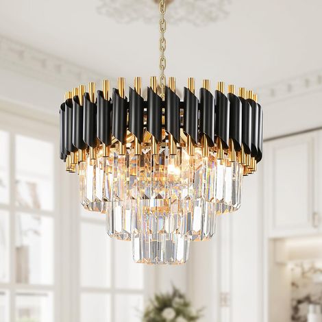 Lustre Golden Crystal Chandelier Lights, Modern Crystal Pendant Light, 3-Tier Raindrop Chandelier Light Fixture, 5xE14 lumières, pour le salon, la salle à manger, la chambre, le Restaurant, Ø40 cm (1/5)