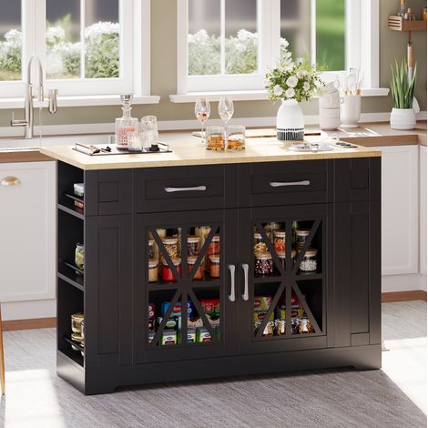 Mueble de cocina isla móvil de 120 cm con mesa plegable, enchufes AC y USB, negro y natural HAVRYA (1/5)