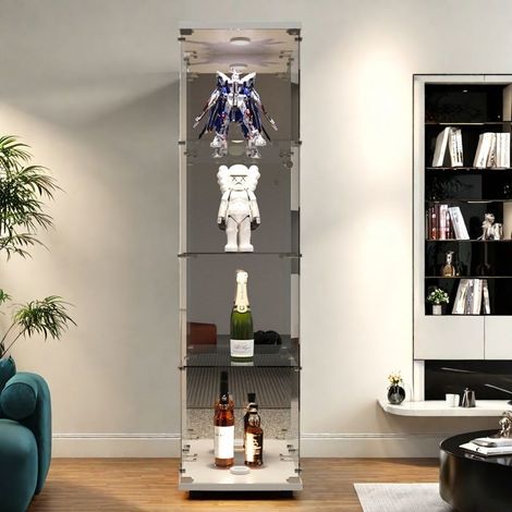 LED-Glasvitrine - Vitrinenkollektion, Wohnzimmereinrichtung, Schlafzimmer - Vitrinenschrank mit 1 Tür und 4 Regalen - 42x36x164 cm - Weiß