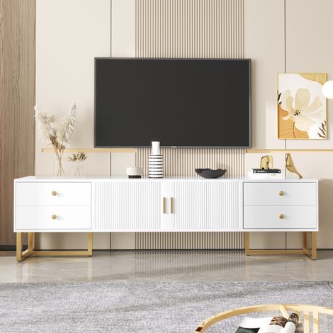 Mueble TV Bajo, Puerta Texturizada, Cajones Asas Y Patas Doradas (1/5)