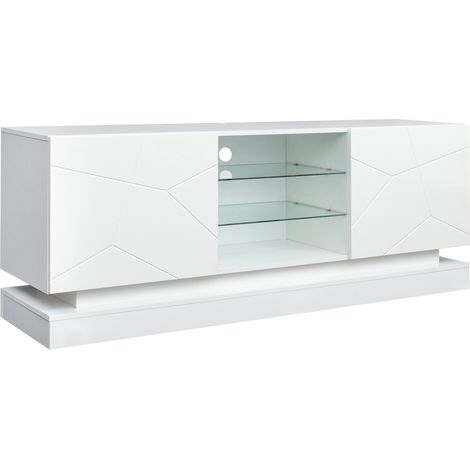 Meuble TV blanc brillant – 1,6 m de longueur, étagère en verre réglable, espace de 70 pouces, rangement élégant avec charnières silencieuses (1/5)