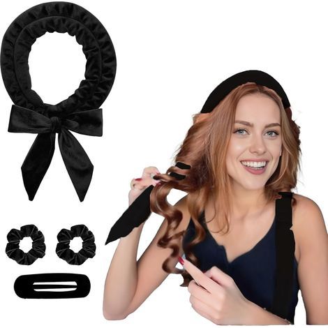 Ensemble de fer à friser sans chaleur, bandeau de fer à friser, adapté pour friser pendant la nuit, comprend 2 bandeaux et 1 pince (noir). (1/3)