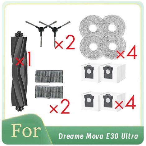 LAN 13 pièces pour balai à franges Dreame Mova E30 Ultra : brosse latérale à rouleau, filtre HEPA, sac à poussière, accès ultra-résistant (1/5)