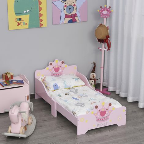 HOMCOM Lit Enfant 140 x 70 cm - lit d'enfant Design Princesse Motif Couronne - sommier à Lattes Inclus - MDF Contre-plaqué Rose