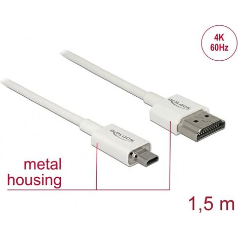 DeLOCK Slim High Quality HDMI avec câble Ethernet HDMI micro (M) pour HDMI (M) 1.5 m triple paire torsadée blindée blanc support…