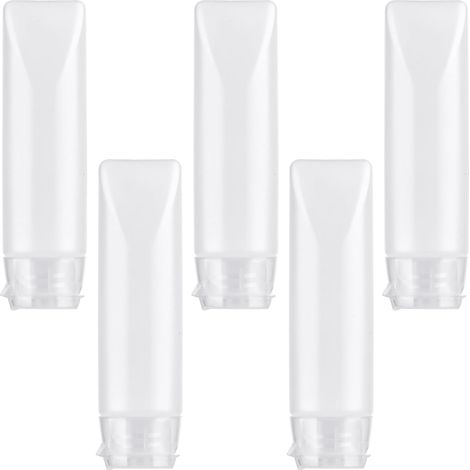 Set di 5 flaconi da viaggio trasparenti e ricaricabili in plastica flessibile, con tubicini riempibili, ideali per cosmetici, shampoo e altri liquidi. Flaconi tubolari piccoli, portatili e a prova di 
