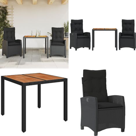3-tlg. Garten-Essgruppe mit Kissen Schwarz Poly Rattan - Gartentisch - Gartenstuhl (1/5)