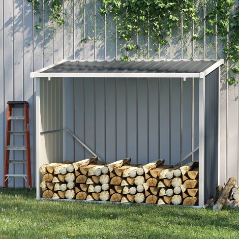 Casetilla para Leña Acero Galvanizado Cobertizo Leñero de Almacenamiento de Troncos con Techo Inclinado para Jardín Terraza Exterior 185x84x133,5/148,5 cm Gris (1/5)