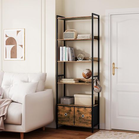 WOLTU Freestanding 5-Tiers Bookshelf with 2 Drawers - Rustic Brown & Black (1/5)