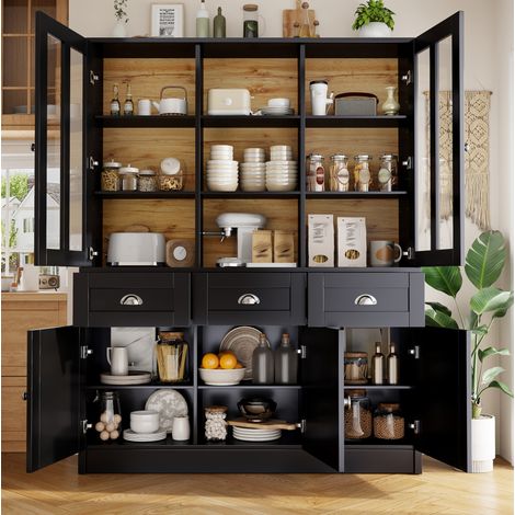 Aparador alto 140x38,5x175 cm de MDF negro, con almacenaje, para cocina y salón FloraGrace (1/5)