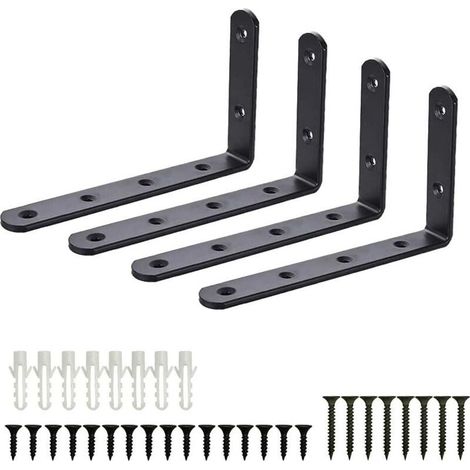 4 Équerre de fixation, Acier inoxydable noir, Support mural L, Charge 30 kg, Pour étagères cuisine salon (1/5)