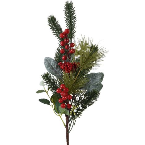 Ramo decorativo color verde e bacche rosse per decorazioni e composizioni di fiori h 50 cm