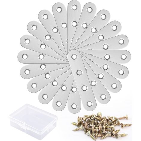 Fixation Dassemblage Métalliques Connexion Supports - 20 Pièces Pattes D'assemblage Perforée Plates Metal 77x16x1.8mm/ Raccord Plat en Acier Inoxydable Vis Boîte de Rangement pour Meubles en Bois (1/5)