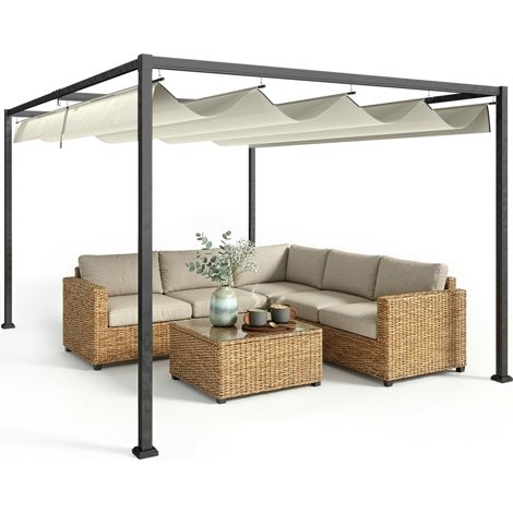 Outsunny 4x3m Metal Pergola Gazebo Patio Sunshelter Retractable Canopy Cream