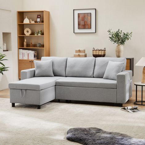3-4-Sitzer-Schlafsofa – 219,5 x 142,5 x 83 cm – Ecksofa mit Chaiselongue und Stauraum – Schlafsofa in Grauem Leinen