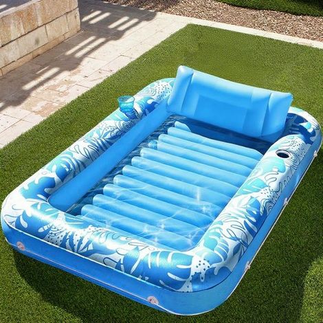 Sonnenbank – Luftbett – Pool-Sonnenliege – Aufblasbare Pool-Sonnenliege – Schwimmring für Erwachsene mit Kissen – 180 x 120 cm – Blau (1/5)