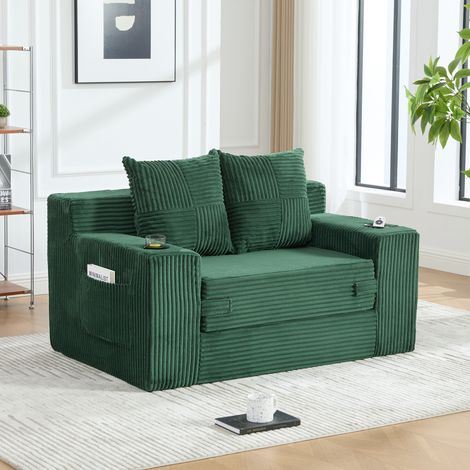 Canapé modulable 2 places 151 x 133 x 64 cm, Repose-pieds, Porte-gobelet, Poches latérales, 2 coussins, Velours côtelé Vert émeraude (1/5)
