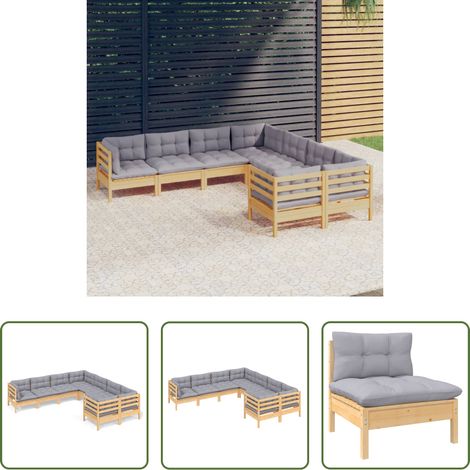 Terrassensofa - 8-tlg. Garten-Lounge-Set mit Grauen Kissen Massivholz Kiefer (1/5)