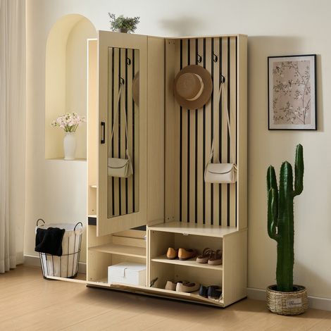 Vestiaire d'entrée 59,5x44x179,5 cm MDF coloris bois avec miroir et banc, gain de place – MEUBLIV (1/5)