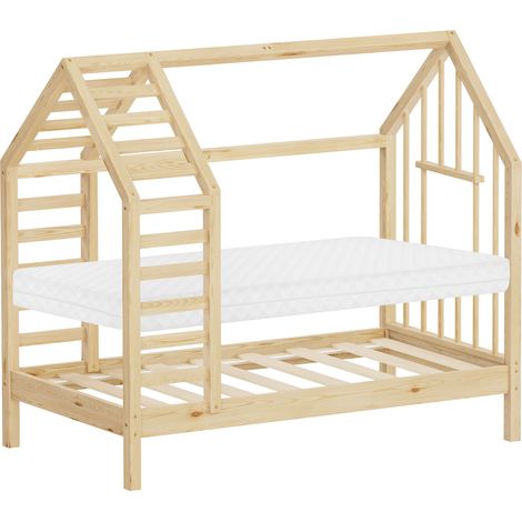 ML-Design Letto Montessori per bambini a casetta con materasso 70x140 cm lettino singolo per bambine con rete a doghe tetto e finestra, struttura in legno massiccio di pino, per cameretta, naturale (1/5)