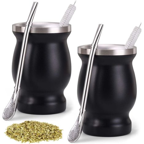 Lot de 2 tasses à maté : tasses à maté à double paroi en acier inoxydable avec cuillère à paille et brosse de nettoyage Isolation thermique pour maté, thé, café, lait et jus (noir) (1/4)