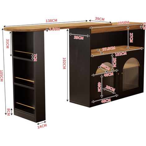 Table bar extensible design 138-193 cm, table à manger escamotable avec étagère, bistro sur pied rotatif, salle à manger, bande LED 1m (teinte modulable), noir (1/5)