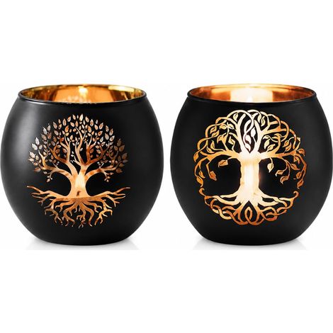 Lot de 2 Photophores en Verre Noir avec Motif Arbre de Vie – Bougeoirs pour Bougies Chauffes-Plat, Idéaux pour la Décoration du Salon et de la Table (1/5)