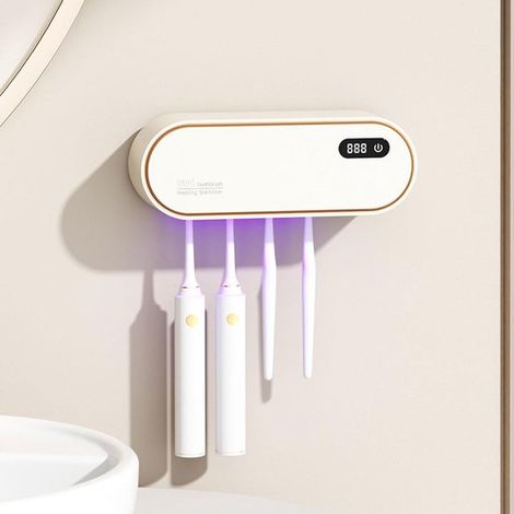 Soporte para cepillos de dientes UV de pared sin necesidad de taladrar, batería recargable de 1800 mAh, 4 ranuras, blanco (1/5)