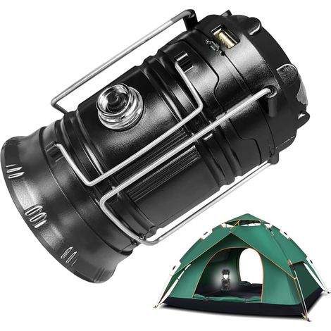 Schwarze Camping-Taschenlampe, Wanderlampe, Solar-Taschenlampe, tragbare und einziehbare Camping-Taschenlampe, mehrere Beleuchtungsmodi, multifunktionale Outdoor-Beleuchtung mit Griff.