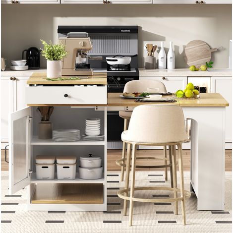 Îlot de cuisine extensible 80x71-111-151x92 cm blanc et naturel en MDF et verre avec rangement et prises (1/5)