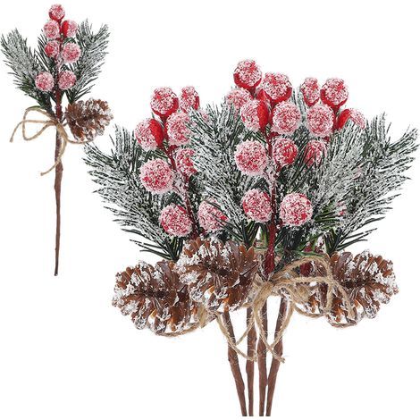 Künstliche rote Beerenzweige, künstliche Tannenzapfen, Weihnachtsbeeren-Ornament, Bastel-Weihnachtsdekoration, Bürodekoration (V) (1/5)