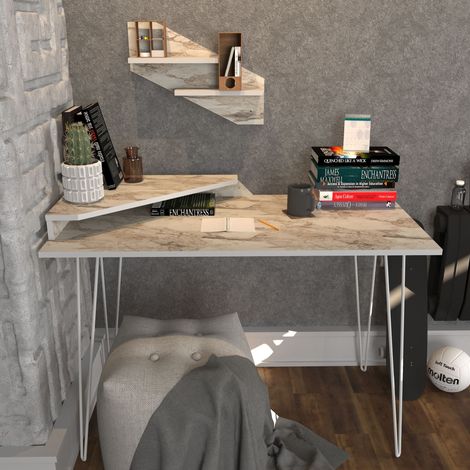 Decorotika Desalvo Modern Hairpin Leg Computer Desk With Shelves120 Cm Writing Desk - Blanc Marble Effect And Blanc (1/5)