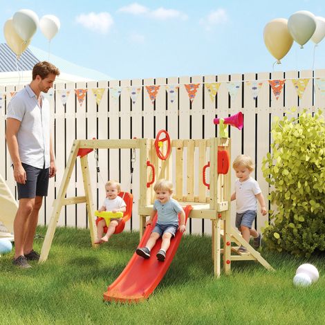 Parque Infantil Exterior de Madera con Columpio Tobogán Volante Bocina Teléfono para Patio Césped Rojo y Natural (1/5)