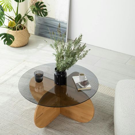 Table basse en verre fumé – pied en croix bois clair ANZIO (1/5)