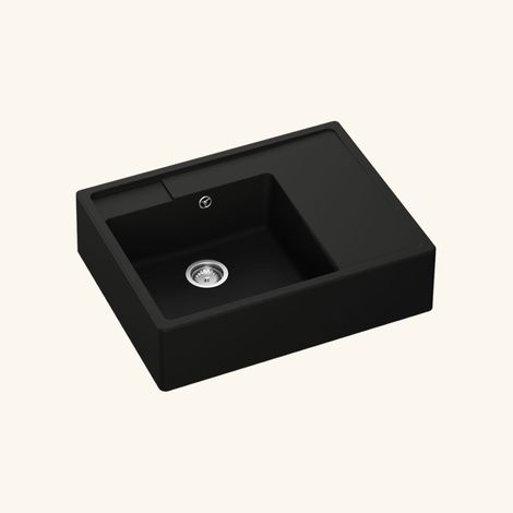 Kümbad – Évier timbre d'office granit noir 80x63 cm – 1 bac – Égouttoir à droite – Vidage manuel – Bonde et siphon inclus (1/4)