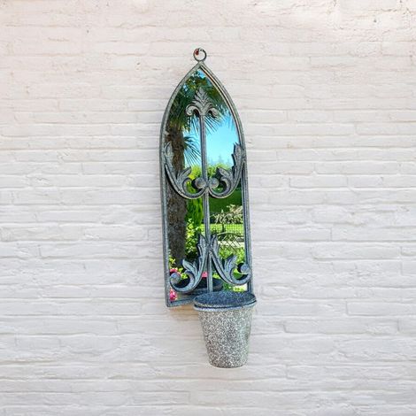Rusty Wall Mirror with Single Planter - Distressed Metal - L15 x W20 x H65 cm